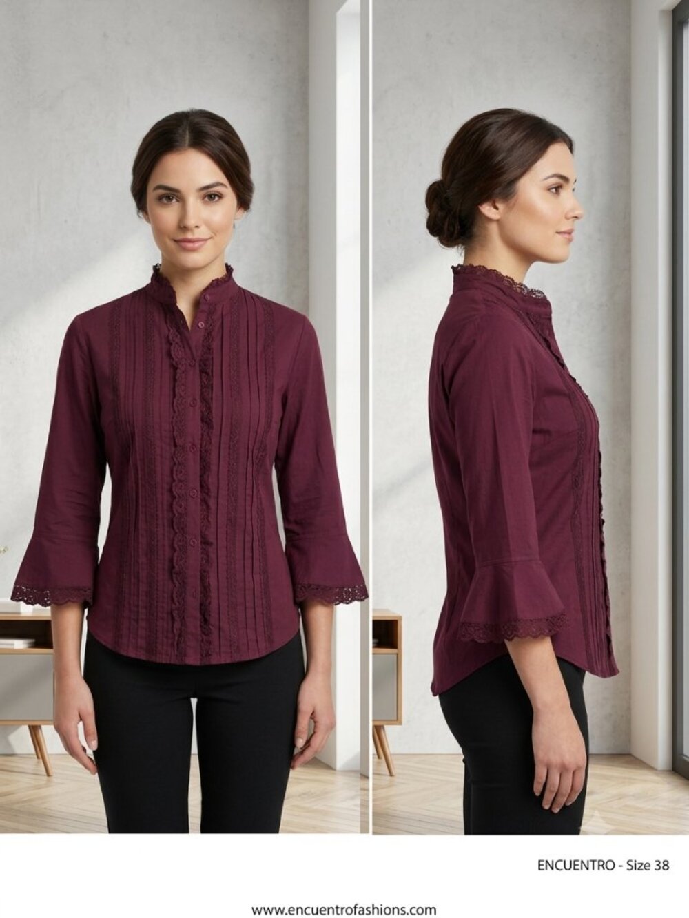 Encuentro Maroon Ruffled Neck Paneling on front Goth Trumpet Sleeves - Size 38